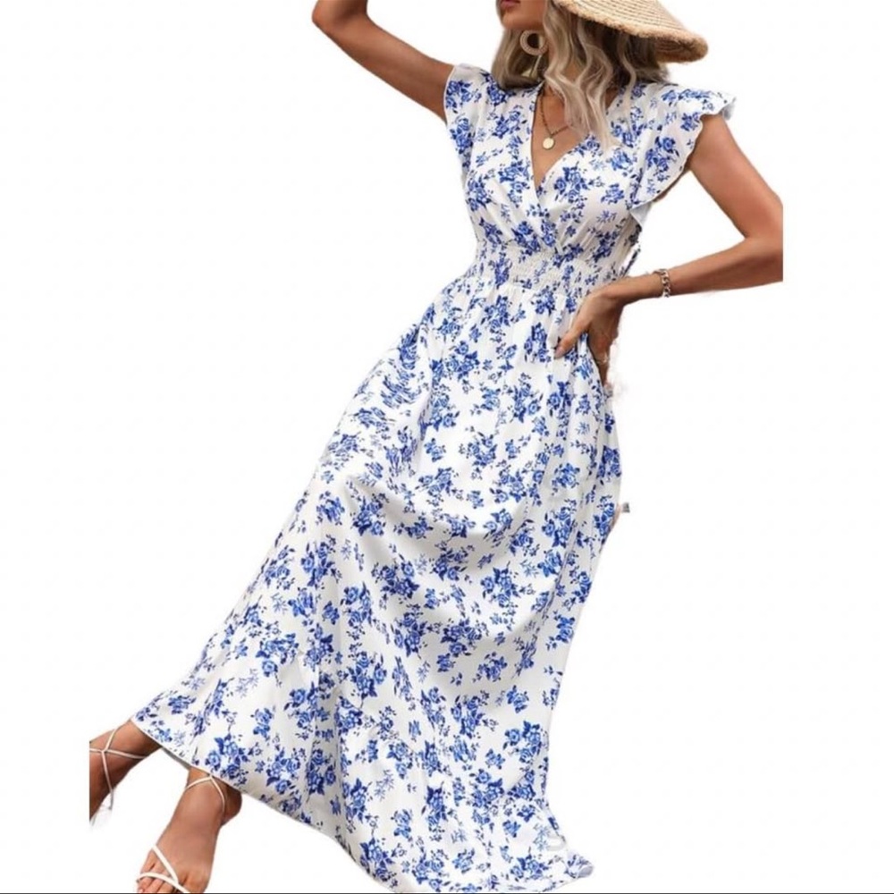 Blue and White Flutter Sleeve V-Neck Sundress